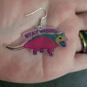 "Stay Weird" neon pink yellow and green possum earrings